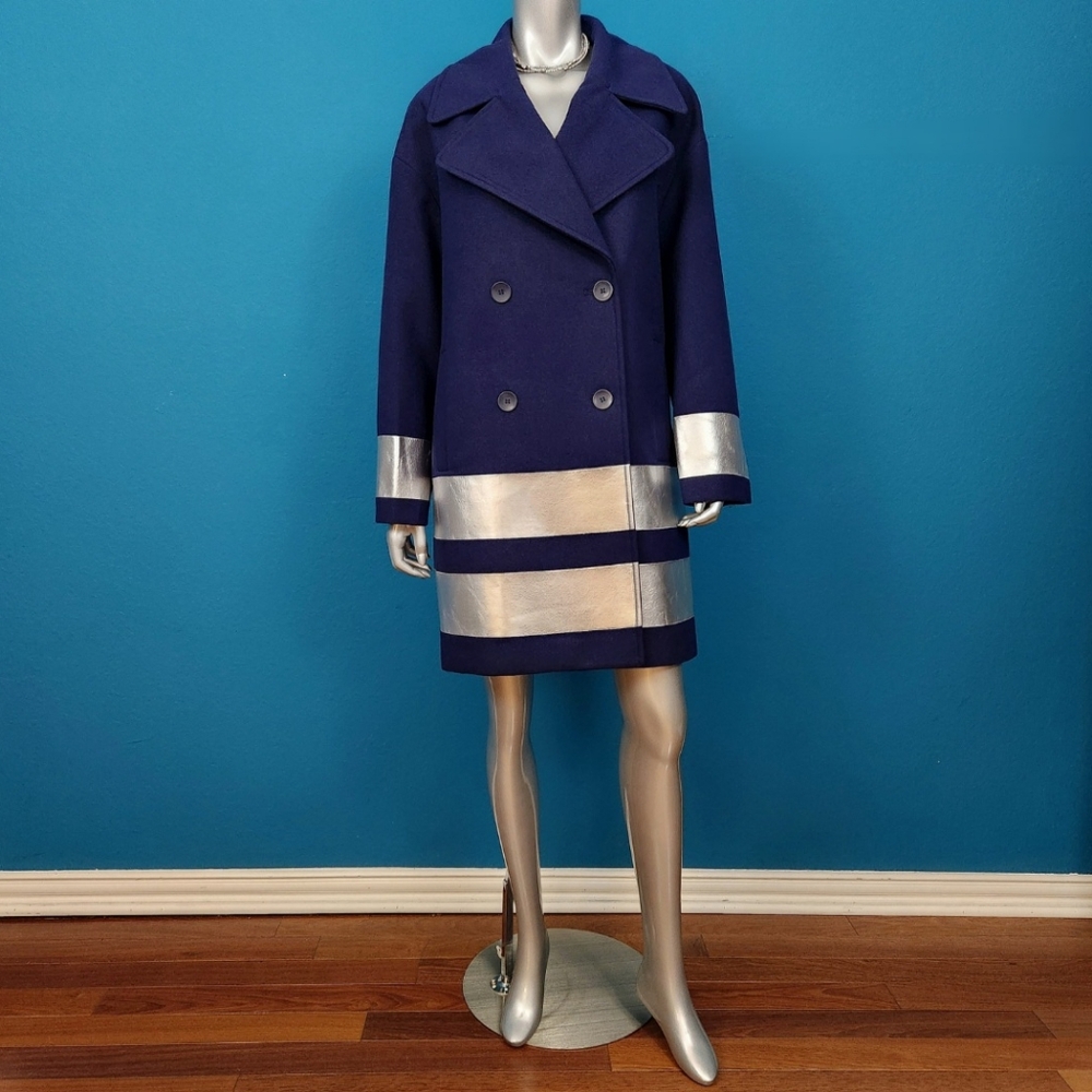 🆕️ 60's Style Navy Blue Double Breasted Coat w/ Silver Metallic Faux Leather